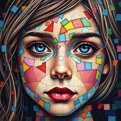 The primary subject of the image is a woman with a colorful mosaic design on her face. The setting is a close-up of her face, and the visual style is a combination of digital art and illustration. The colors and mood of the image are vibrant and lively, with a focus on the woman's unique and artistic appearance.